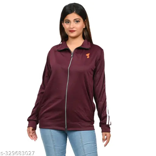 Colorblocked polyester woman's sport jacket from India, featuring long sleeves and convenient front zipper opening with side pockets for added style and function