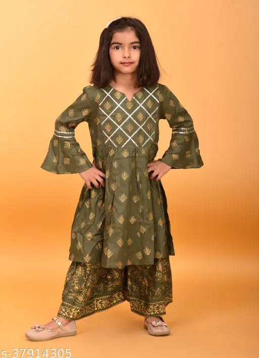 Olive green printed rayon Boys Kurta Sharara Set - A-line calf length top with three-quarter sleeves, trendy and soft for 3-4 year olds
