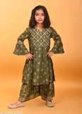 Olive green printed rayon Boys Kurta Sharara Set - A-line calf length top with three-quarter sleeves, trendy and soft for 3-4 year olds
