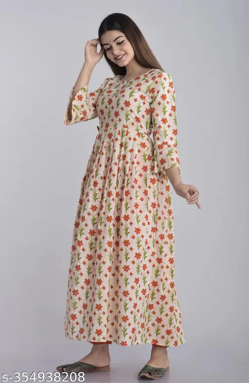 Rayon A-line floral printed Anarkali Kurti, solid color and three-quarter sleeves, women's fashion from India