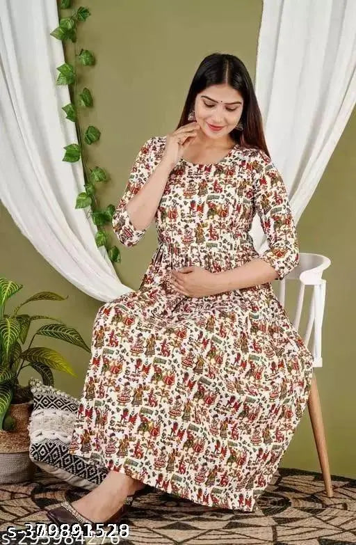 Rayon maternity feeding kurti with zipper, flared print pattern for women