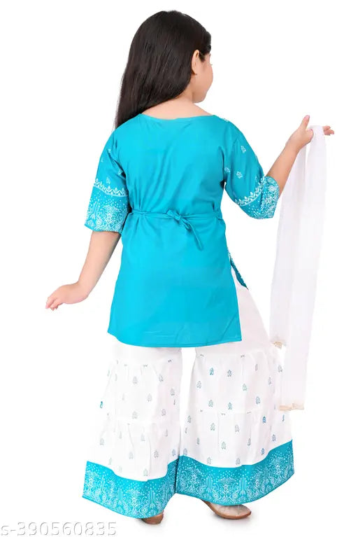 Printed ethnic rayon kurta & sharara set with dupatta, three-quarter sleeves, Indian ethnic wear for kids aged 2-6 years