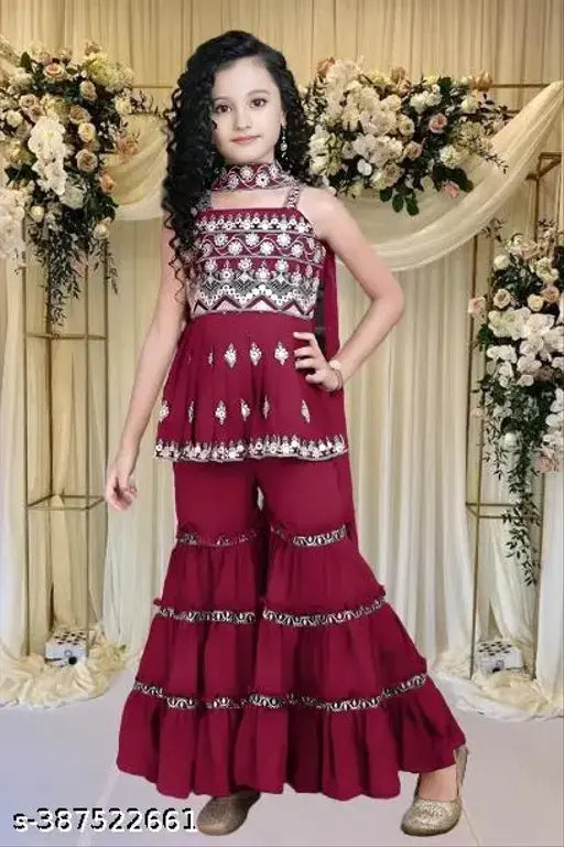 Embroidered A-line crepe dupatta sarara set for kids, 7-8 years, India