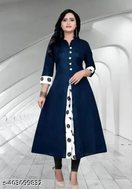 Cotton blend stitched kurta for women, three-quarter sleeves, solid embroidery design. Indian-made women's kurti with thread work