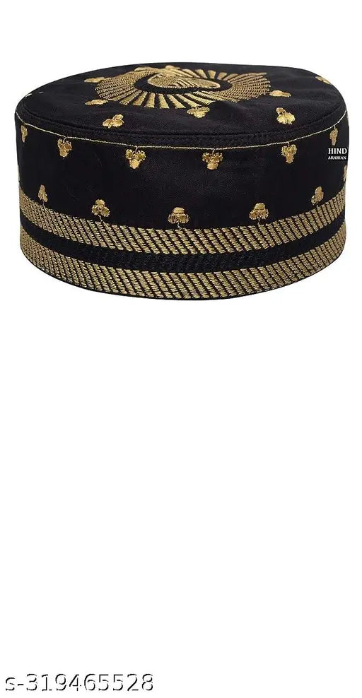 Golden black cotton prayer cap pack of 2, embroidered Islamic caps for namaz topi, 22.5 inch, India origin