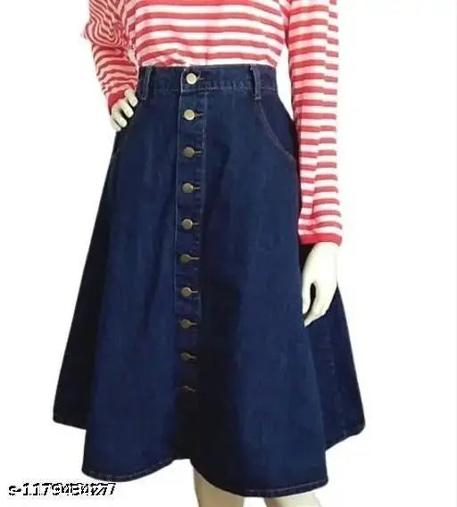 Stretchable denim Codaisy blue knee-length Western skirt for women, sizes 26-44, made in India
