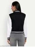 Black bomber jacket with white stripe sleeves, zip front, crew neck