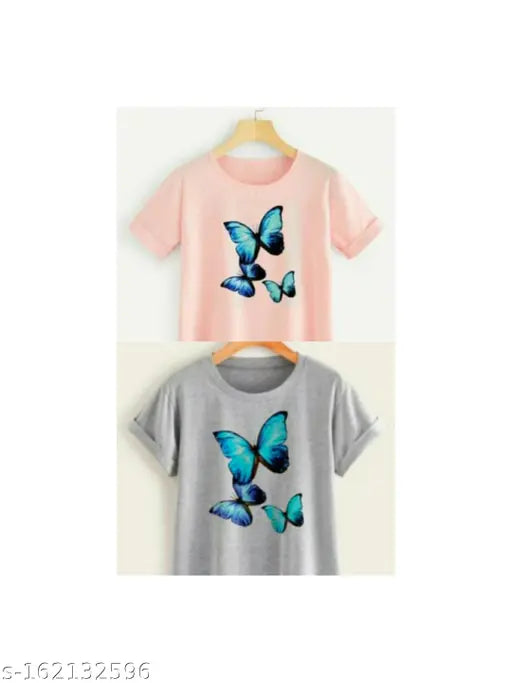 Stylish butterfly print cotton blend t-shirts combo pack, women's and girls' sizes S to XL, India origin