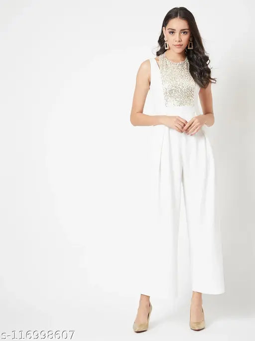 White polyester sleeveless halter neck Miss Chase jumpsuit, off-white knitted with pleated panel, sequin yoke