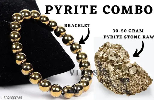 Large raw natural pyrite rough gemstone 4050g and golden pyrite bracelet on black background