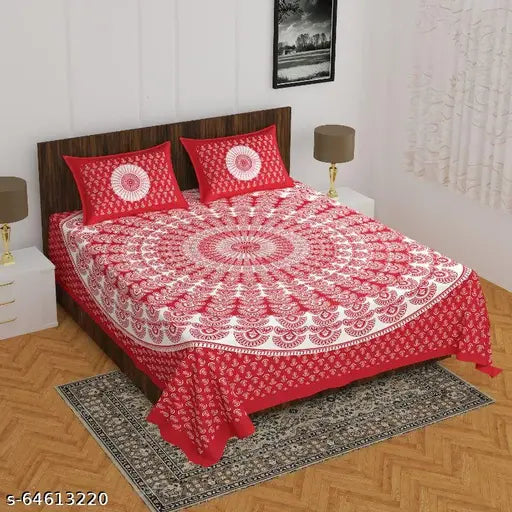 Pink City ethnic motifs cotton flat sheets - 29, fine quality Bombay Dyeing double queen bedset with 2 pillow covers, vibrant printed design