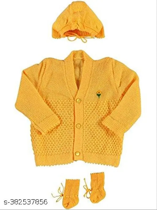 Soft wool knitted baby sweater (0-6 months) with cap & booties, India origin