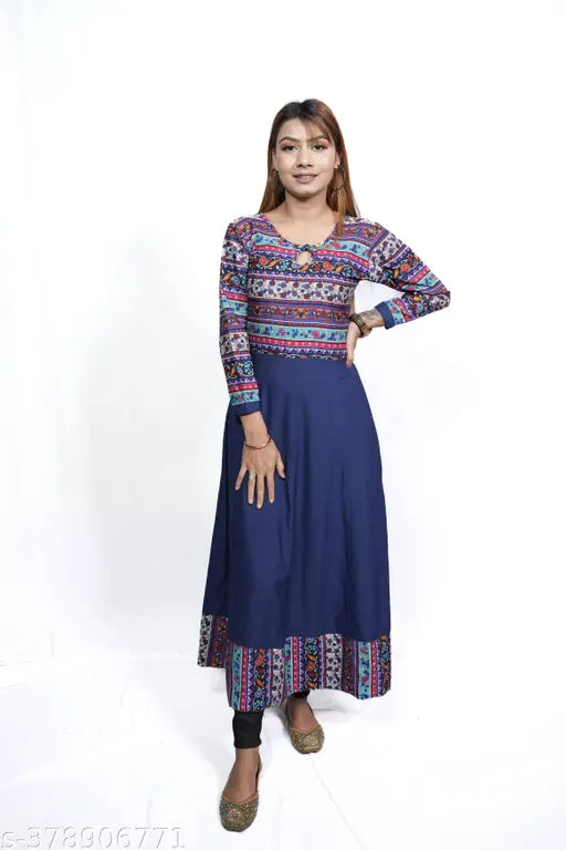 Crepe printed Women's Anarkali Kurtis, three-quarter sleeves, Indian design, XS-XXL