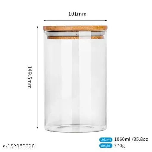 Wooden lid glass jar for storage, spice, masala, tea, coffee, kitchen storage container, VRS MALL brand, 1 liter size, 3 pieces in package