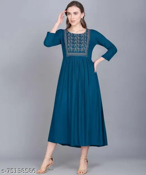 Blue cotton embroidered anarkali dress