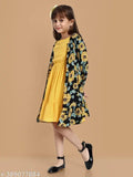 Yellow cotton midi dress with printed shrug for girls aged 11-12 years, featuring long sleeves and a lively Shrak print from India