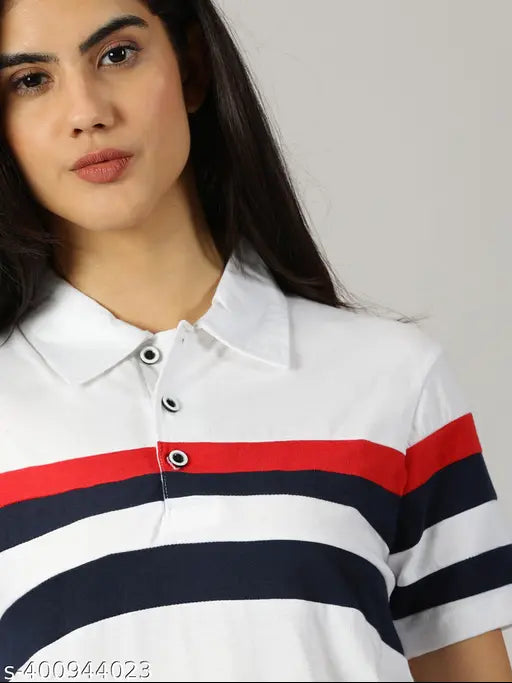 White cotton blend striped half-sleeve polo t-shirt for women, GESPO brand