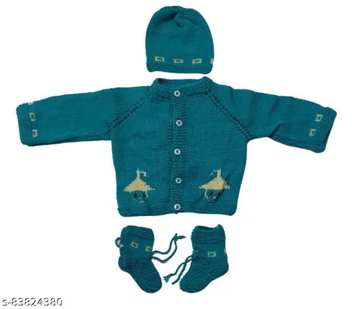 Blue handmade woolen sweater set with cap & booties for 0-3 months baby, featuring front open design and long sleeves