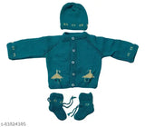 Blue handmade woolen sweater set with cap & booties for 0-3 months baby, featuring front open design and long sleeves