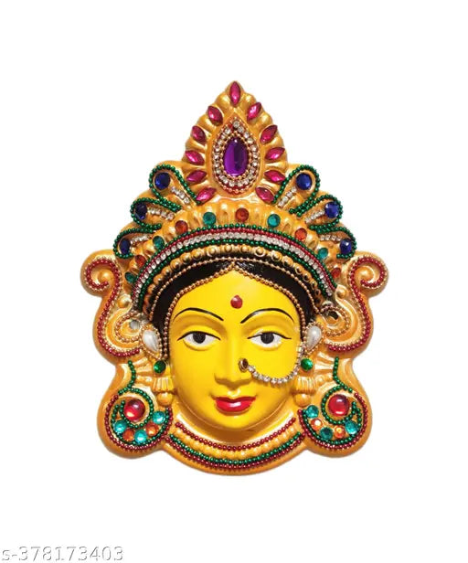 Yellow plastic Mahalakshmi face figurine, Goddess of wealth and prosperity for worship or home decor