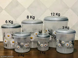 Printed design plastic airtight container set for kitchen storage and dabbas, in grey color, featuring various capacities
