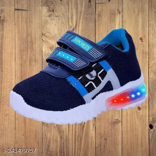 LED light up sports running shoes, blue with multiple colorful accents and a built-in bluetooth speaker