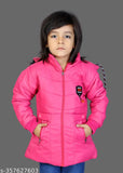 Pink puffer jacket with hood and black trim