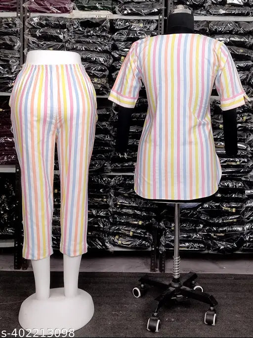 Trendy striped cotton nightsuit with short kurti and dual side pockets, women's nightwear for summer or special occasions, Made in India