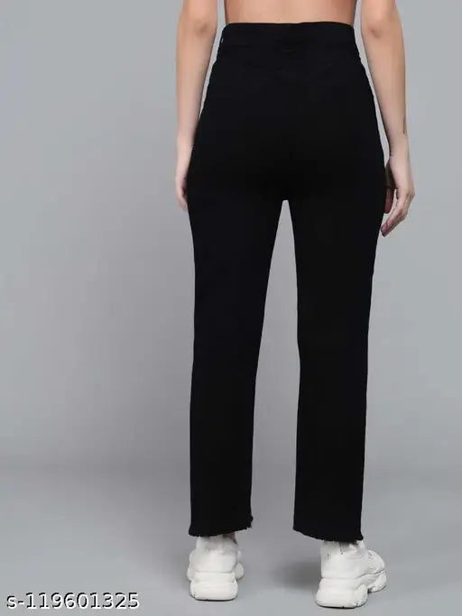 Black high-waist premium straight-fit jeans with bootleg style for women, ladies, girls