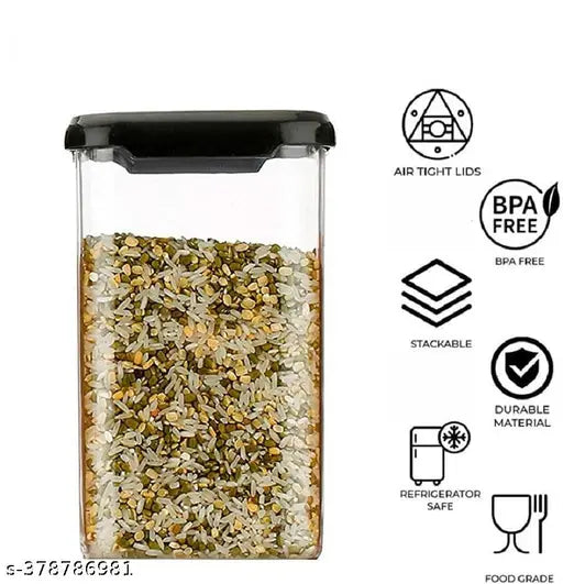 Transparent air-tight food storage jars with black lids, pack of 12. BPA free for kitchen use, grocery storage