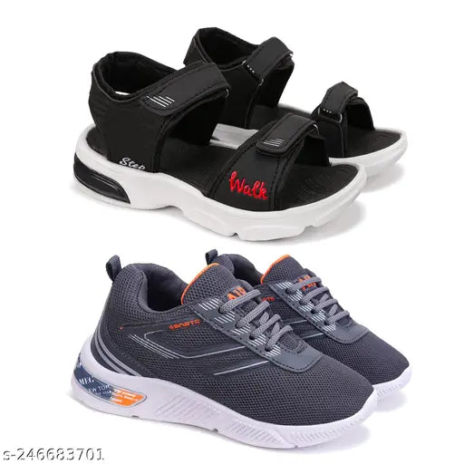 Black and white sport sandal with black straps, red label, and black sole