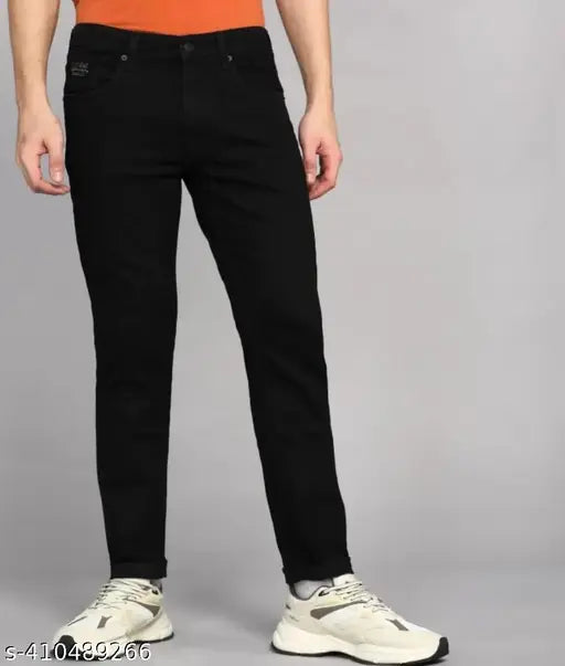 Black cotton blend men's jeans, plain style with solid black design. Size 28 (waist 28in, length 41in, hip 32in), made in India