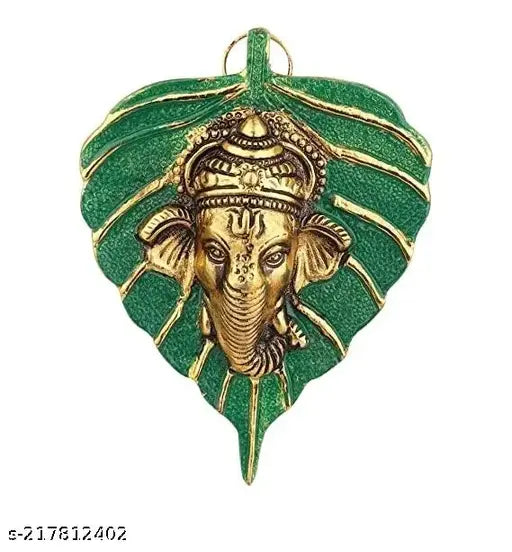 Green Metal Finish Peepal leaf Ganesh idol wall hanging, traditional stylish decorative murti for home or worship