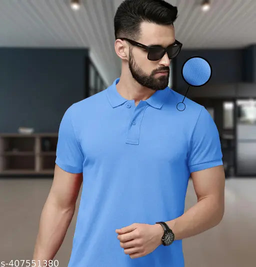 Stylish sky blue polo dot knit t-shirt collar neck cotton blend for men and women, printed net pattern on Indian-made apparel