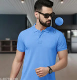 Stylish sky blue polo dot knit t-shirt collar neck cotton blend for men and women, printed net pattern on Indian-made apparel