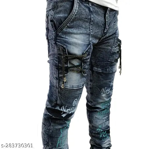 Men's cotton blend funky jeans, solid color for active everyday life. Made with stretch fabric for extra comfort, features front and back pockets. Available in sizes 28, 30, 32 (Waist 28, 30, 32; Length 41in each). Made in India