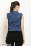 Dark denim sleeveless blazer, HR COLLECTION off-shoulder top. Solid dyed/washed denim fabric. Sizes: S - bust 34in, length 22in; M - bust 36in, length 22in