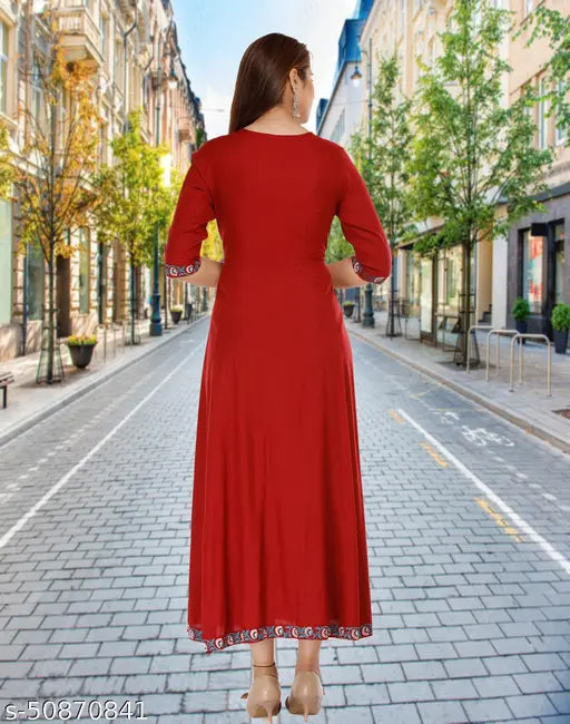Maroon Rayon Anarkali Kurti Dress with Embroidery - Stylish, Flared, Three-Quarter Sleeves - Indian Ethnic Wear