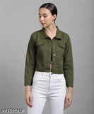 Dark green denim women's jacket, long sleeves, solid pattern, ZOONI COLLECTION