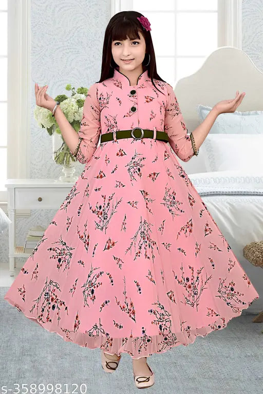 Pink Georgette Disney Princess Girls Maxi Dress, 3/4 sleeve, perfect for play or parties