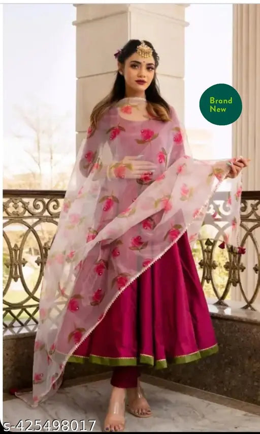 Magenta anarkali suit set with organza print dupatta, traditional Indian wear made from organza fabric, featuring three-quarter sleeves and matching kurta pant. Size options: S, M, L, XL, XXL. Made in India