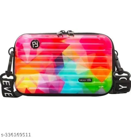 A small, multi-colored sling bag with a detachable shoulder strap, showcasing its vibrant colors and sturdy material
