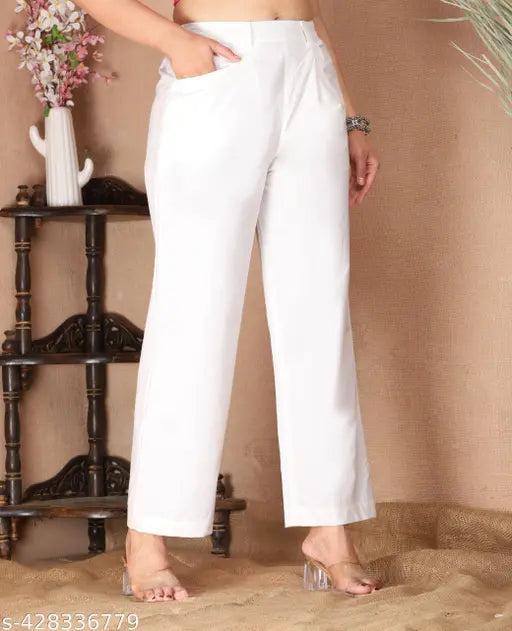 White high-waist women's trousers with side pockets