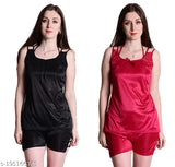 Black & Red Satin Women's Top & Shorts Set, comfortable fashionable nightwear for special nights