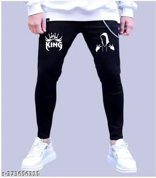 Men's black denim KING jeans, latest designer style with slim fit, denim fabric and solid pattern. Showcased on mannequin wearing size 28, 30, or 32 inches waist, length 40 inches, made in India