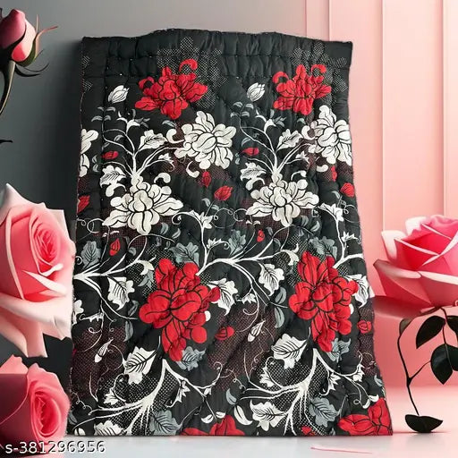 Red and black patterned Rajai, possibly satin fabric, 3m print, in a sale during winter