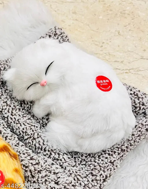 Imported musical sleeping cat, soft plush fur, car dashboard showpiece. White, grey, orange, black cat toy for home decorating or office table. Novel design, meow sound, great gift idea