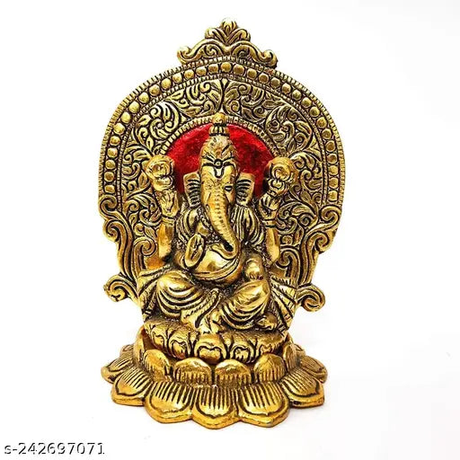 Metal handicraft gold-plated Ganeshji idol, sitting Ganesha for gift, puja home decor showpiece, office decorative Hindu god murti (12cm x 15cm x 5cm) - Indian artisan crafted