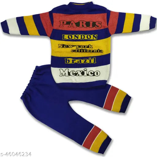 Fancy wool, printed net kids attire: T-shirt & pants, 12-18 months size, cozy, trendsetting & sophisticated