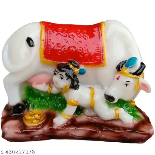 Marble Kamdhenu statue: Baby Krishna with Cow Gau MATA Idol for gifting (4x3 inches), Indian home decor